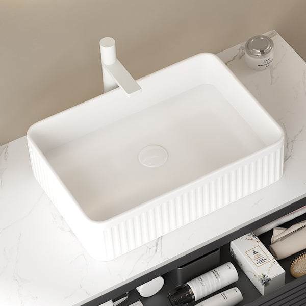 English Elm 20'' Ceramic Vessel Sink 20'' Rectangular Striped Basin Glossy French-Style Rim Durable Easy-Clean White W2615P193350