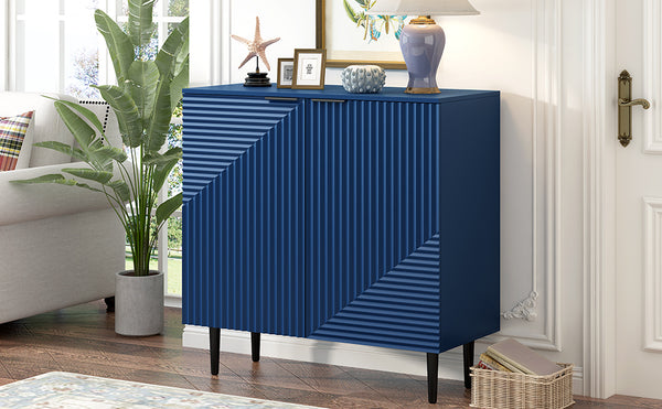 English Elm Mirod Lacquered Side Cabinet Geometric Door Panels Metal Legs Adjustable Interior Shelves Navy Blue N760P221050M