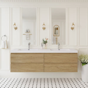 English Elm 72" Floating Double Sink Vanity Wall Mounted Ash Grey with Soft Close Drawers W1573P152708