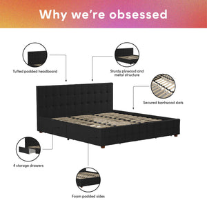 English Elm Upholstered Velvet Storage Bed with Tufted Headboard and Four Drawers for Bedroom B2733S00007