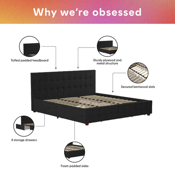 English Elm Upholstered Velvet Storage Bed with Tufted Headboard and Four Drawers for Bedroom B2733S00007
