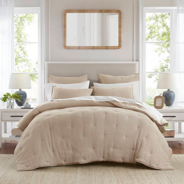 English Elm 3-piece Cotton Muslin Quilt Set with Embroidered Tacking for a Relaxed Bedroom Taupe B035P408349