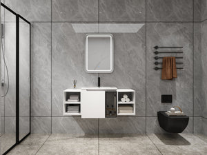 English Elm 48" Floating Bathroom Vanity with Ceramic Sink Soft Close Doors and Grey Glass Panel W999S00529