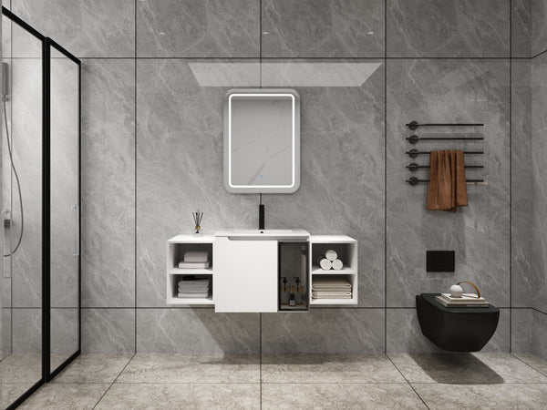 English Elm 48" Floating Bathroom Vanity with Ceramic Sink Soft Close Doors and Grey Glass Panel W999S00529