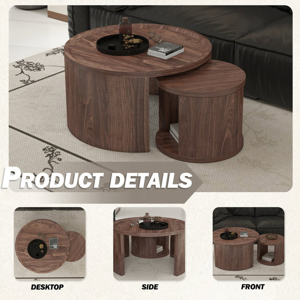 English Elm Round Nesting Coffee Tables Natural Wood Grain Scandinavian Set for Living Room W1727S00092