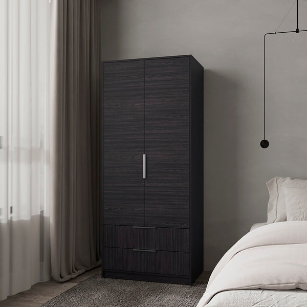 English Elm Wengue elegant 2-door 2-drawer wardrobe with hanging rod, melamine finish for sleek organized storage B062S01138