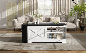 English Elm U-can Farmhouse Lift Top Coffee Table Barn Door Hidden Storage Living Room White+Black N724P351732K
