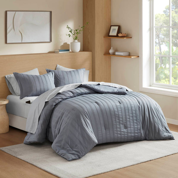 JLA Home Super Listing - Woven Logan Comforter Set with Subtle Stripes, Ultra-Soft Microfiber Reverse, Oeko-Tex Certified Elegance Blue/Grey AM10-0557