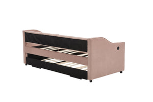 English Elm Twin Velvet Daybed with Pull Out Trundle Tufted Back Usb Port and Side Pockets Pink W1361S00037