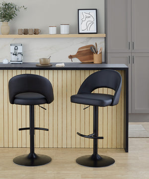 English Elm Adjustable Swivel Barstools Set of 2 Faux Leather Padded Seat Black Metal Base B202S02009