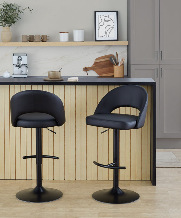 English Elm Adjustable Swivel Barstools Set of 2 Faux Leather Padded Seat Black Metal Base B202S02009