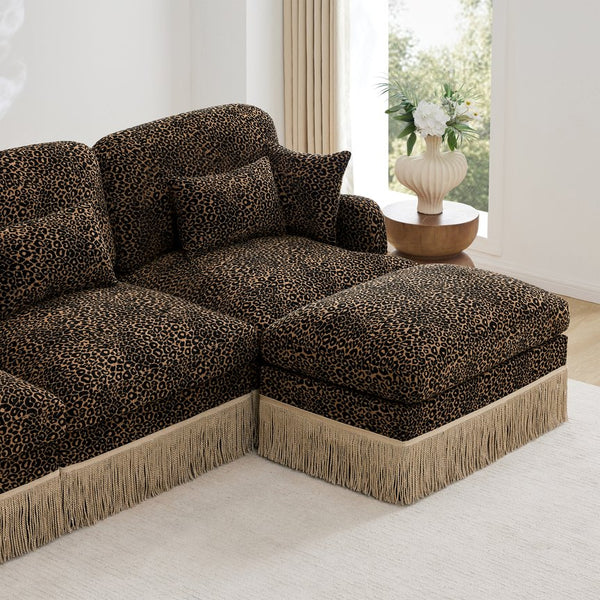 English Elm 131"comfy Chenille Leopard Print U-shaped Sectional with Tassel Trim and Modular Ottomans Brown W5656S00018