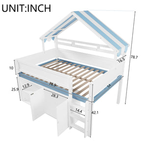 English Elm Full Size Pine Loft Bed with House Canopy Roof Built in Shelves and Storage Cabinet N7090005012C