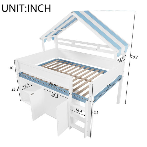 English Elm Full Size Pine Loft Bed with House Canopy Roof Built in Shelves and Storage Cabinet N7090005012C