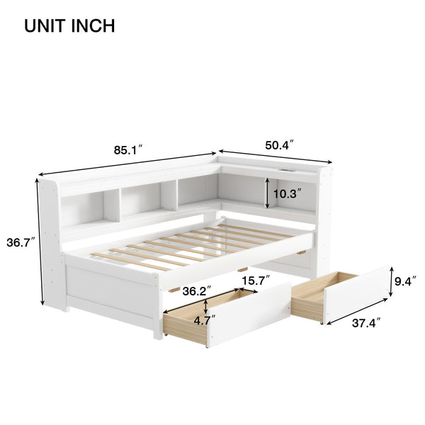 English Elm Twin L-Shaped Bookcase Bed With Usb Charging, Two Drawers & Modern White Finish For Smart Storage W504S00244-GIGA