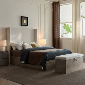 English Elm Shelton Upholstered Wingback Bed with 54" Textured Ivory Chenille Headboard, Rustic Modern Farmhouse Queen B083P321432