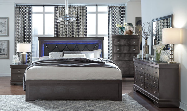 English Elm SHAKER Crystal Tufted Full 5PC Bedroom Set with LED Lighting, Padded Headboard and Drawers Grey 84.25 L x 35.43 W x 7.68 H B201S00335