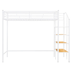 English Elm Twin Metal Loft Bed with Upper Grid Storage Shelf and 4-Layer Ladder Shelves for Space Saving White SF100081AAK