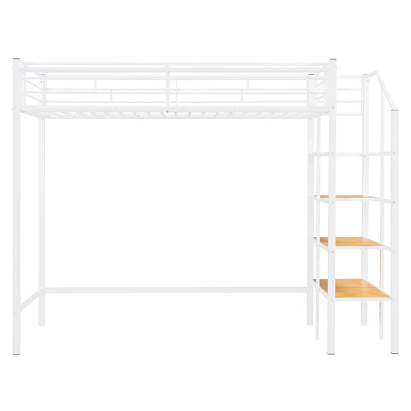 English Elm Twin Metal Loft Bed with Upper Grid Storage Shelf and 4-Layer Ladder Shelves for Space Saving White SF100081AAK