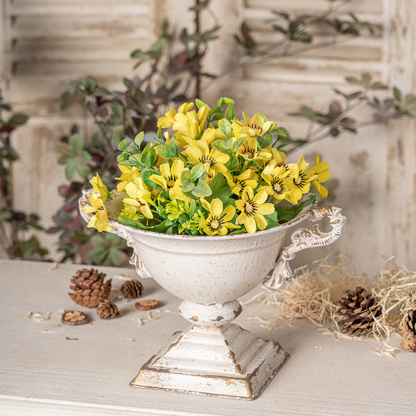 English Elm Vintage Double-Handled Flower Pot Off-White Metal Rustic Charm for Home, Garden, Gift, 10x9 in W2946P243926