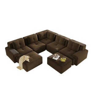 English Elm Modular Corduroy Sectional Sofa V Shaped 5 Seat Living Room Couch with Ottoman Brown W714S01577