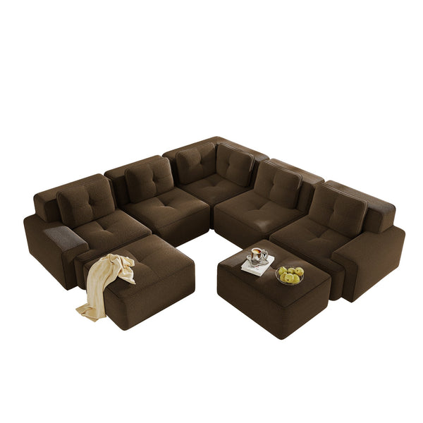 English Elm Modular Corduroy Sectional Sofa V Shaped 5 Seat Living Room Couch with Ottoman Brown W714S01577