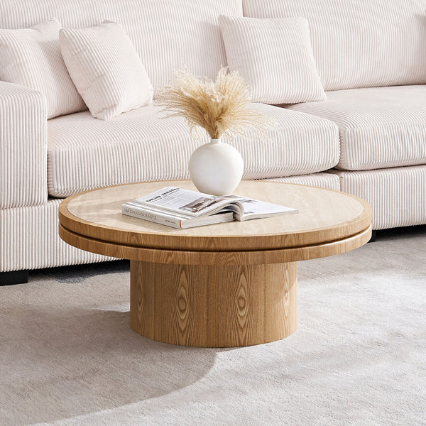 English Elm 35.43 Inch Round Sintered Stone Coffee Table with Mdf Pedestal Base for Modern Living W876S00342