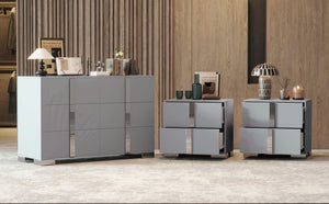 English Elm 3-Pieces Mirrored 6-Drawer Dresser and Two Nightstands with Sleek Metal Legs for Modern Living Gray 54.25 L x 20.75 W x 8.5 H N733S307938G