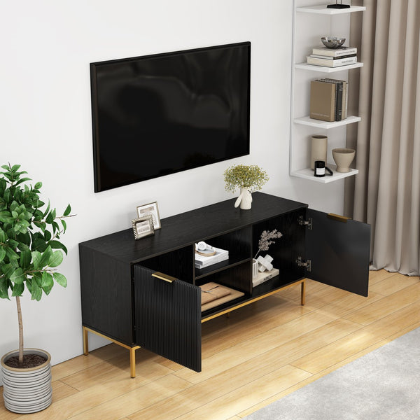 English Elm Modern Wave Door Media Console with Gold Legs Soft Close Hinges and Open Shelf W3151P407896