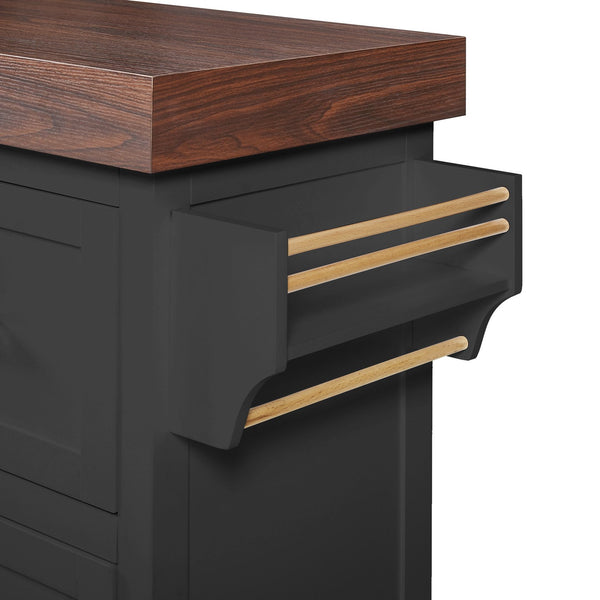 English Elm K&k Rolling Kitchen Island with Walnut Grain Countertop Drawers and Spice Rack Black N707S000025B