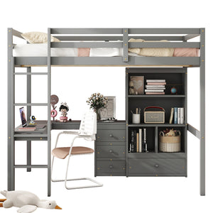 English Elm Full Size Loft Bed With Desk, Storage Solutions, Built-In Ladder & Guardrails For Safe Use In Grey W504S00160