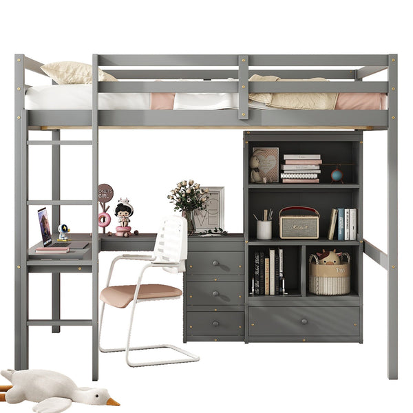 English Elm Full Size Loft Bed With Desk, Storage Solutions, Built-In Ladder & Guardrails For Safe Use In Grey W504S00160