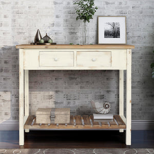 English Elm Vintage Two-Drawer Console Table Antique Natural Distressed Finish with Shelf, Sturdy Entryway Storage W2295P366795