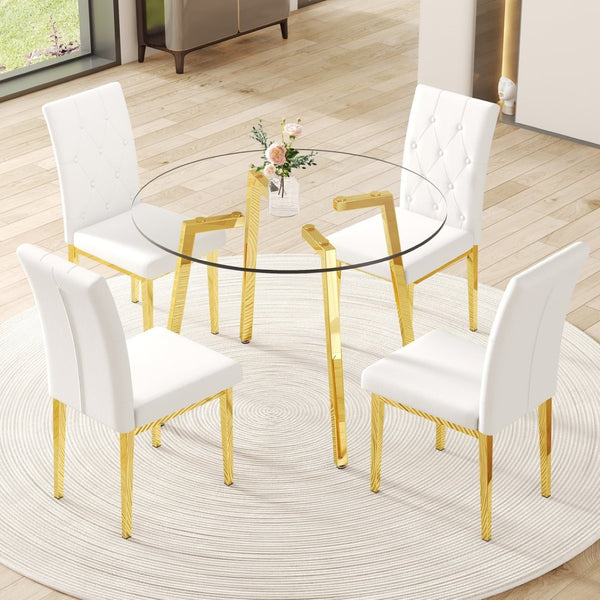 English Elm Table Modern 5-Piece Set: Round Clear Tempered Glass Table With Gold Legs & 4 White Pu Chairs W1151S03833-GIGA