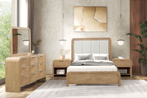 English Elm Queen Panel Bed with Floral Paneled Headboard and Antique Brass Accents, Elegant Contemporary Design Natural 24 L x 67 W x 5 H B2741S00734