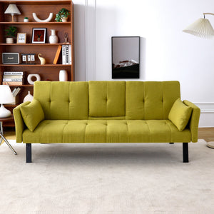 English Elm 70-inch Foldable Cotton Linen Sofa Bed with Cup Holder & Side Storage, Space-Saving 2-Seater Design Green W3371P337200