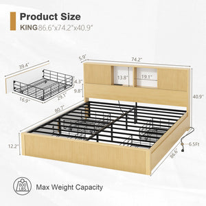 English Elm Queen Storage Bed Oak Finish Sliding Barn Door Headboard with Built-in Charging T3773P417198