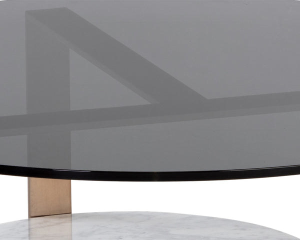Sunpan MALDINI Contemporary Round Coffee Table with Grey Glass Top & White Marble Base for Modern Living Spaces 108048