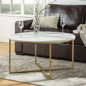 English Elm Walker Edison - Modern Glam Round Faux Marble Coffee Table with Gold X-Base, Sturdy Metal Frame, Chic Mid-Century Appeal B185P326703