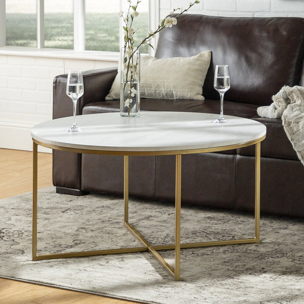 English Elm Walker Edison - Modern Glam Round Faux Marble Coffee Table with Gold X-Base, Sturdy Metal Frame, Chic Mid-Century Appeal B185P326703
