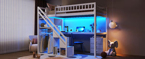 English Elm Twin Loft Bed with Staircase Desk Dual Drawers and Led Strip for Kids Rooms LT000257AAK