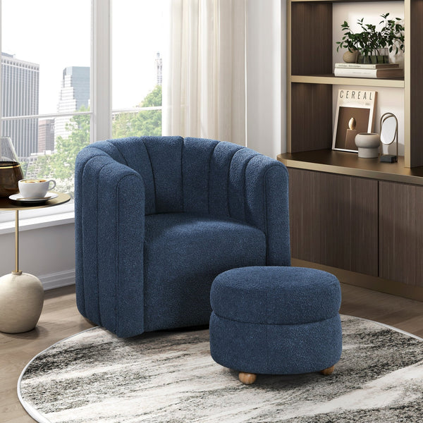 English Elm Modern Swivel Chair with Ottoman in Bouclé Fabric, Solid Wood Frame, Cozy Curved Design for Living Rooms Blue 32 L x 31 W x 31.25 H B011P281845