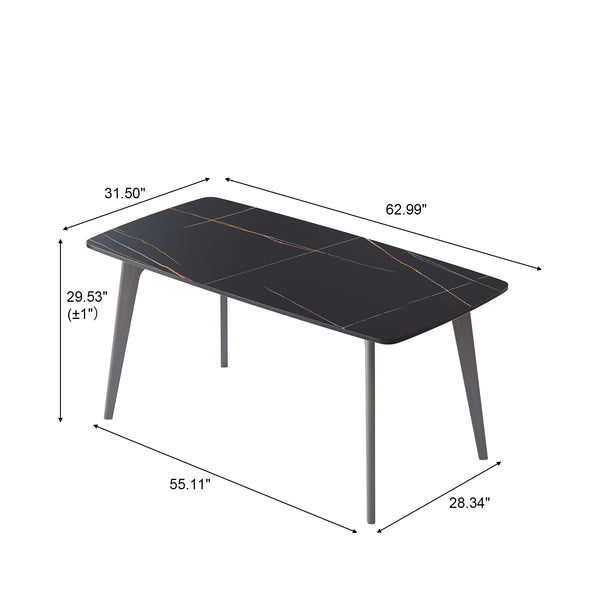 English Elm 62.99" Modern Artificial Stone Dining Table With Black Curved Edge - Seats 6, Sleek Metal Legs W1535S00525