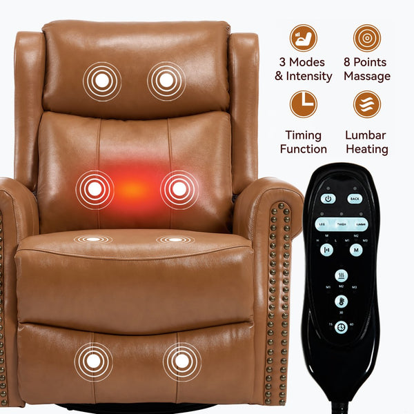 English Elm Heat Massage Swivel Rocker Recliner in Genuine Leather for Living Room Comfort W3224S00013
