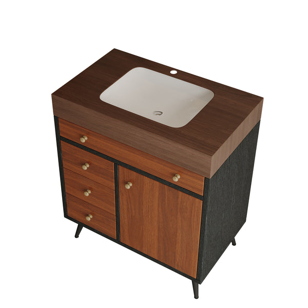 English Elm 29.9" Floating Bathroom Vanity Sintered Stone Top Soft Close Drawers Bronze Gold Hardware Brown,Walnut,White W3136S00045