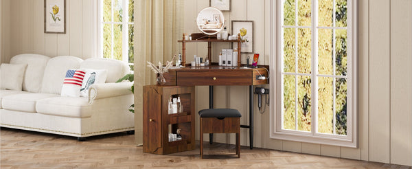 English Elm Corner Vanity Desk Set with Stool Charging Station Glass Top Pull-Out Cabinet Jewelry Organizer Walnut 35.82 L x 32 W x 8 H N733P336237D