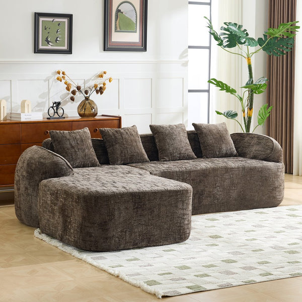 English Elm Beige Chenille L-shaped Sectional Sofa with Chaise Deep Seating and Curved Armrests Brown W3612S00032