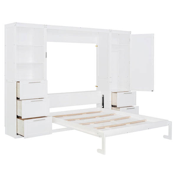 English Elm Queen Murphy Wall Bed with Wardrobe Drawers and Shelves for Studio or Guest Room White LP000865AAK-1