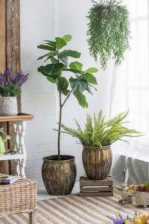 English Elm Set of 2 Distressed Iron Planters with Golden Patina for Indoor Outdoor Decor W2078P498286