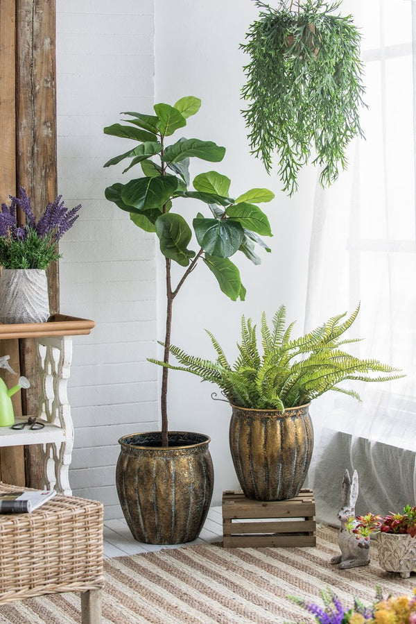 English Elm Set of 2 Distressed Iron Planters with Golden Patina for Indoor Outdoor Decor W2078P498286